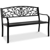 Best Choice Products Outdoor Bench Steel Garden Patio Porch Furniture for Lawn, Park, Deck w/Floral Design Backrest, Slatted Seat - Black Best Choice Products