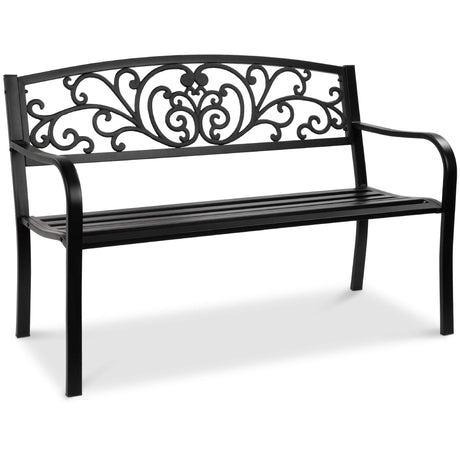 Best Choice Products Outdoor Bench Steel Garden Patio Porch Furniture for Lawn, Park, Deck w/Floral Design Backrest, Slatted Seat - Black Best Choice Products