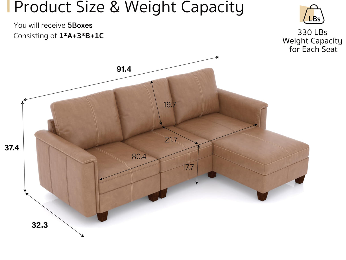 SITJOY Faux Leather 4 Seat L Shape Modular Sofa with Storage Ottoman, L Shaped Sectional Couches for Living Room, 92 inch Width, Brown SITJOY
