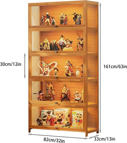 iusyugh 5-Tier Display Cabinet with Acrylic Glass Door, 65.5" High Display Case, Transparent Curio Cabinet&Bookcase for Collectibles, Toys, Books, for Playroom, Bedroom, Study Room (Wooden flip Door)