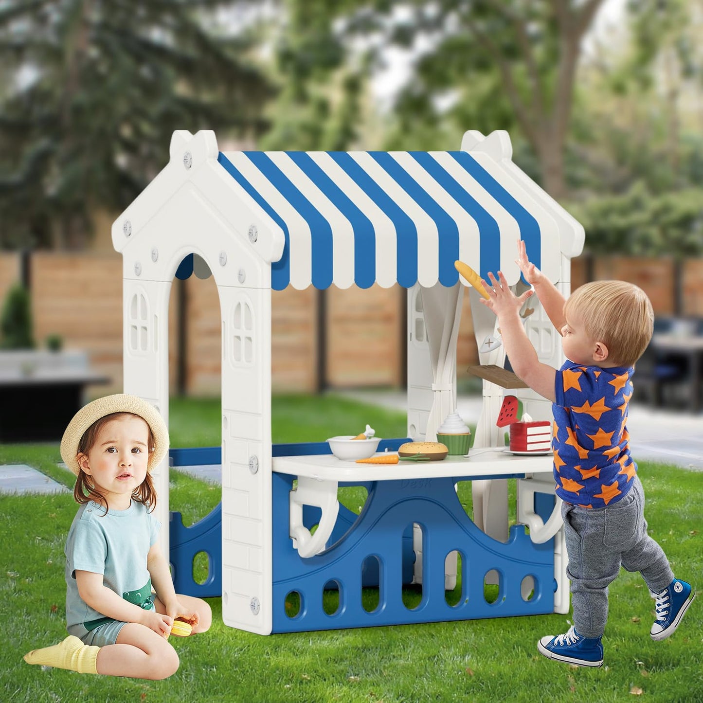 XJD Kids Playhouse, Indoor and Outdoor Playset, with Windows, Realistic Home and Garden Play House for Ages 2 Years Old and Up (Blue Playhouse) - WoodArtSupply