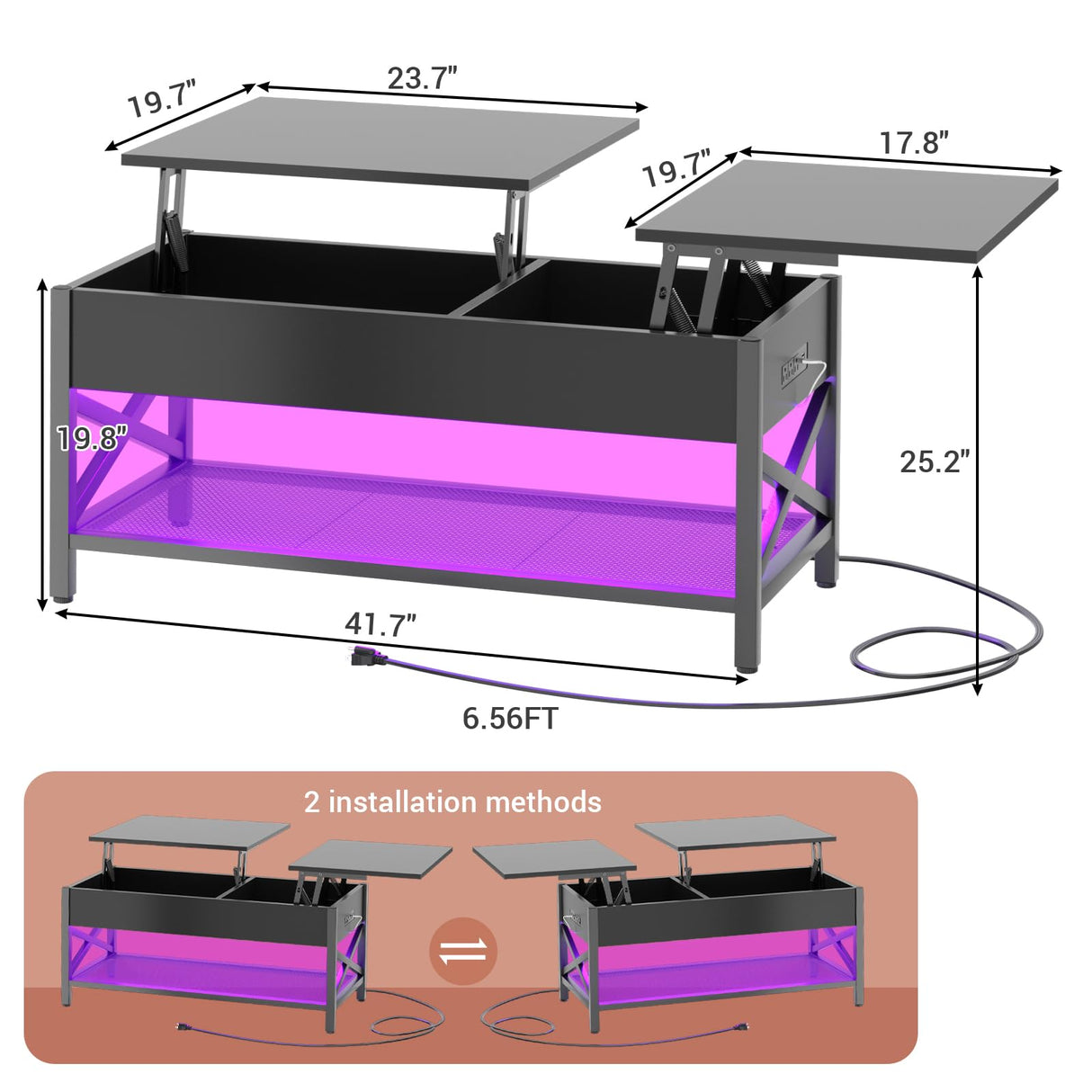 Besiost Coffee Table, Lift Top Coffee Table with Storage, LED Light & Power Outlet and Hidden Compartment, Retro Center Table for Living Room, X Support Wood Tabletop, Metal Frame,Black Besiost
