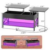 Besiost Coffee Table, Lift Top Coffee Table with Storage, LED Light & Power Outlet and Hidden Compartment, Retro Center Table for Living Room, X Support Wood Tabletop, Metal Frame,Black Besiost