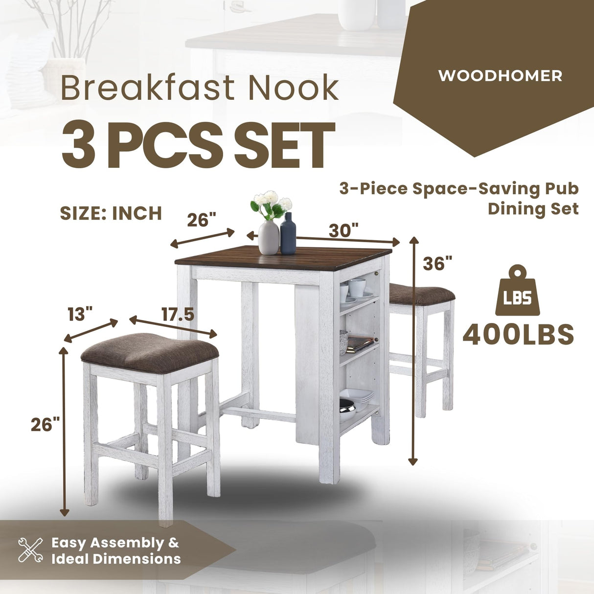WOODHOMER 3-Piece Wooden Dining Table Set, Kitchen Island with Seating for 2, Kitchen Bar Table with Stools, Counter Height Dining Table Set, Antique Dark Oak & White, Farmhouse Style WOODHOMER