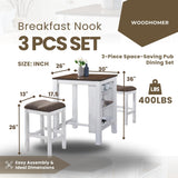 WOODHOMER 3-Piece Wooden Dining Table Set, Kitchen Island with Seating for 2, Kitchen Bar Table with Stools, Counter Height Dining Table Set, Antique Dark Oak & White, Farmhouse Style WOODHOMER