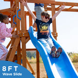 Dolphin Playground Wooden Monkey Bar Sets for Backyard, Swing Sets for Backyard with Outdoor Table, 8FT Wave Slide, and 2 Belt Swings, Multi-Functional Storage Shelf, Outdoor Playset for Kids 3-10 DOLPHIN PLAYGROUND T