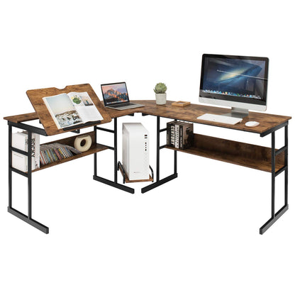 Tangkula 67 Inches L-Shaped Office Desk, Corner Computer Desk with Bottom Bookshelves & CPU Stand, Drafting Drawing Table with Tiltable Desktop, Corner Computer Workstation Home Office Desk - WoodArtSupply