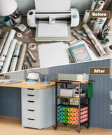 Queension Craft Cart with Wheels Compatible with Cricut Machines, Craft Organization and Storage Stand with Craft Table for Cricut Accessories, Rolling Storage Cart with 24 Vinyl Roll Hollers，Black Queension