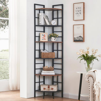 HOMISSUE 6-Tier Industrial Corner Shelf - Stylish Brown Bookshelf with Metal Frame and MDF Board for Home and Office Storage - WoodArtSupply