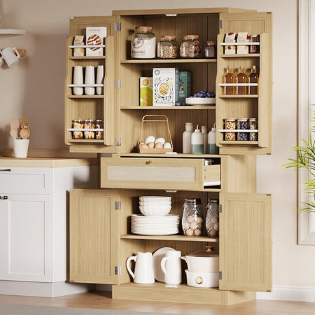 PeacefulHues 70inch Tall Kitchen Pantry, Rattan Cupboard Storage Cabinet with 1 Drawer and 6 Door Shelves for Dinning Living Room Kitchen Laundry, Natural Oak PeacefulHues