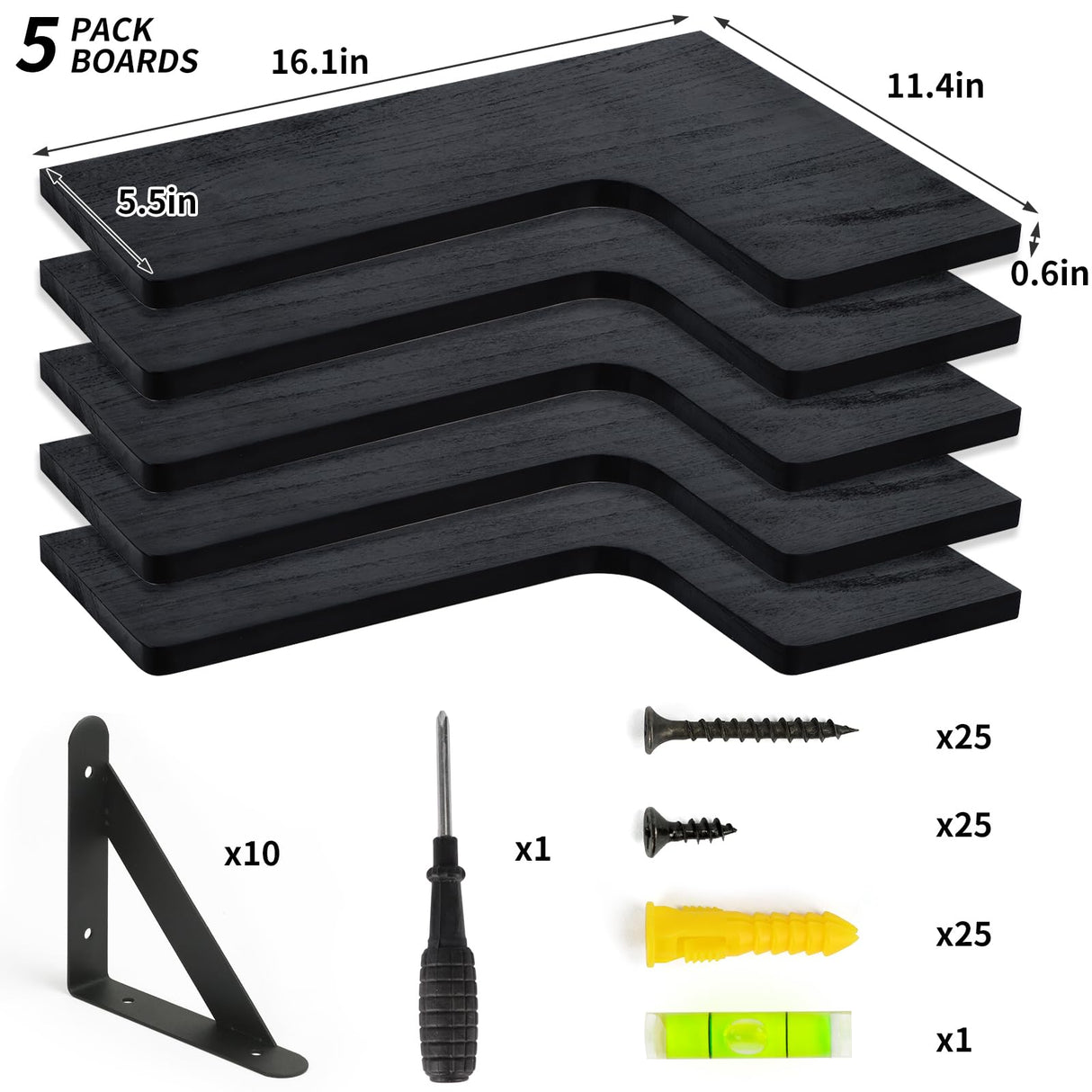 Fixwal Corner Floating Shelves Set of 5, Rustic Wood Wall Mounted Corner Shelf for Bathroom, Kitchen, Bedroom, Home Decor, Laundry Room, Living Room(Black) Fixwal