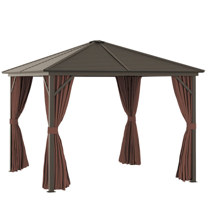 Outsunny 10' x 10' Hardtop Gazebo with Curtains and Netting, Permanent Pavilion Metal Single Roof Gazebo Canopy with Aluminum Frame and Hooks, for Garden, Patio, Backyard, Dark Brown