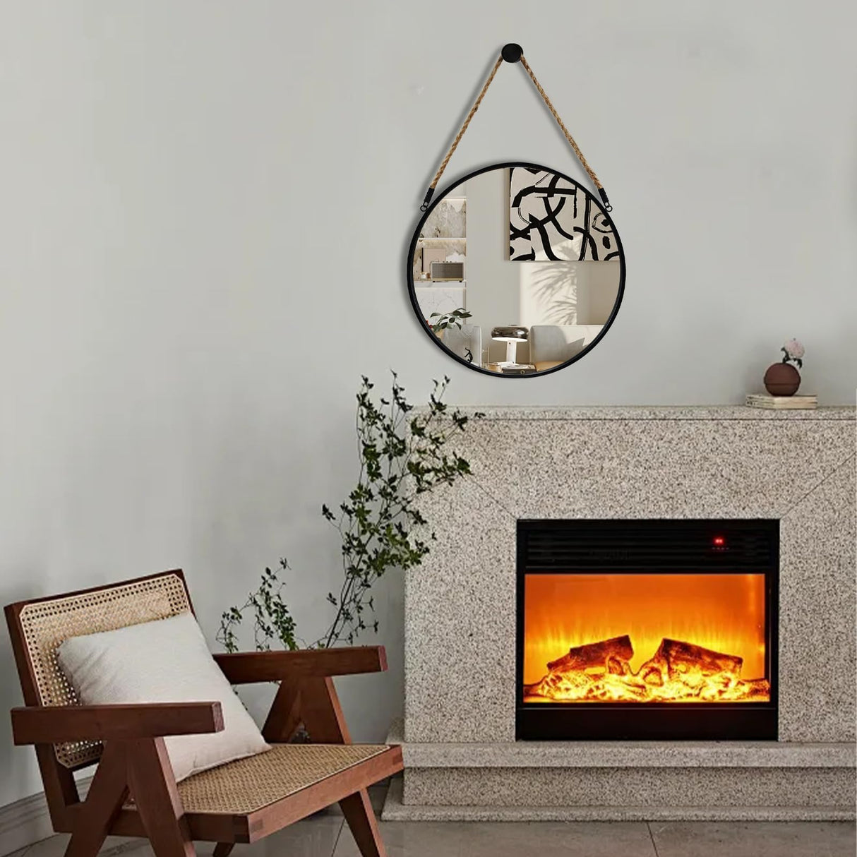 POZINO Round Mirror, 15" Rope Hanging Mirror, Farmhouse Circle Mirrors, Black Metal Frame Wall Mirrors for Bathroom, Bedroom, Living Room, Entryway, Fireplace, Home Decor POZINO