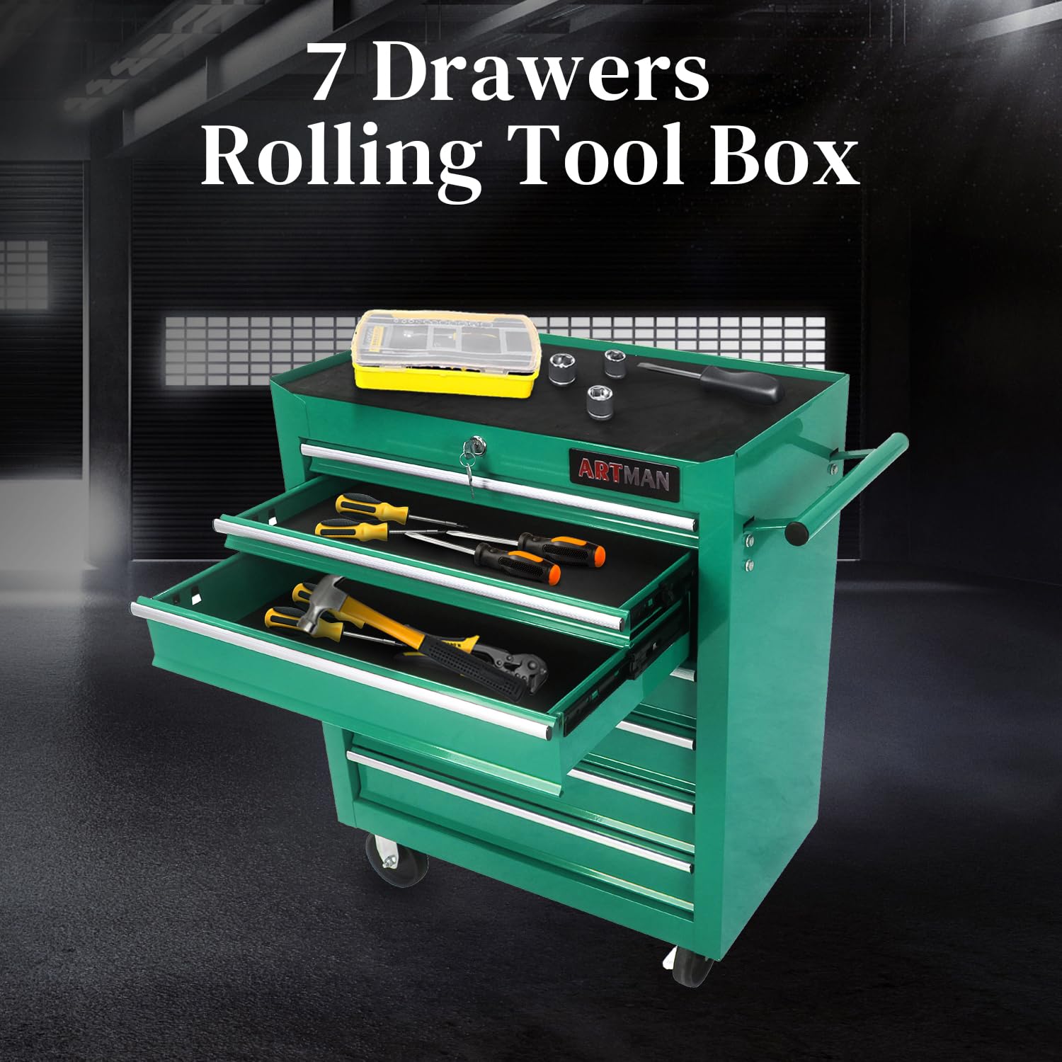 WTRAVEL Rolling Tool Chest with 7-Drawer Tool Box with Wheels Multifunctional Tool Cart Mechanic Tool Storage Cabinet for Garage, Warehouse, Workshop, Repair Shop (Green) - WoodArtSupply