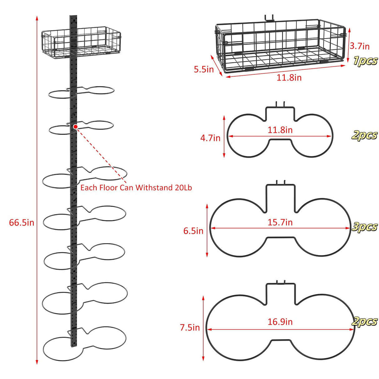8 Tier Detachable Wall Mounted Basketball Rack,Vertical/Horizontal Football Holder,Holds 14 Balls DIY1/2/3/4 Soccer Stand,Height-Adjustable Ball Rack With Basket For Garage,Tool Room Feyejade