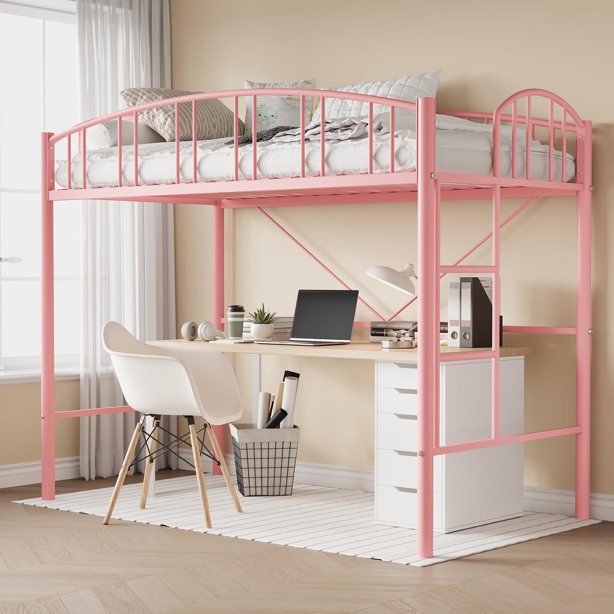 Garvee Loft Bed Twin Size with Ladde and Arched Guardrail, Heavy Duty Metal Loft Bed Frame for Kids and Adults, Sturdy Steel Slats Support, Small Space Saving Design, No Box Spring Needed, Pink Garvee