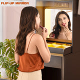 Gurexl 3 in 1 Vanity Desk with Human Sensor LED Light,Tall Makeup Vanity Set with 2 AC Outlets & USB-C,Make Up Vanity Desk with Flip-up Mirror,Jewelry Box,Cushioned Tool,2 Drawer,Bedroom Gurexl