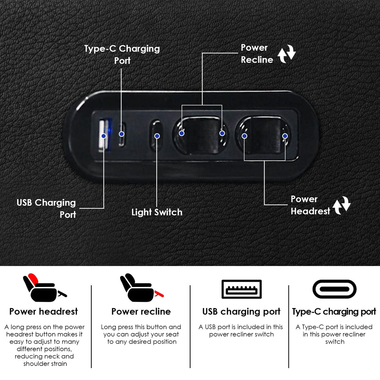 Weilianda Home Theater Seating Top Grain Leather Recliner Chair Dual Power Movie Gaming Sofa Electric Headrest with Tray Table Type-C USB Charge Cup Holders Black Weilianda