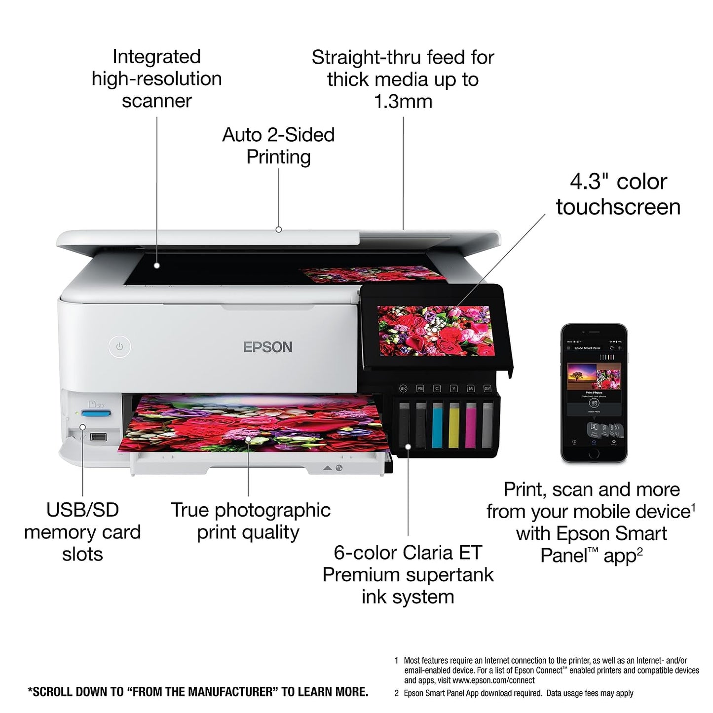 Epson EcoTank Photo ET-8500 Wireless Color All-in-One Supertank Printer with Scanner, Copier, Ethernet and 4.3-inch Color Touchscreen, White, Large