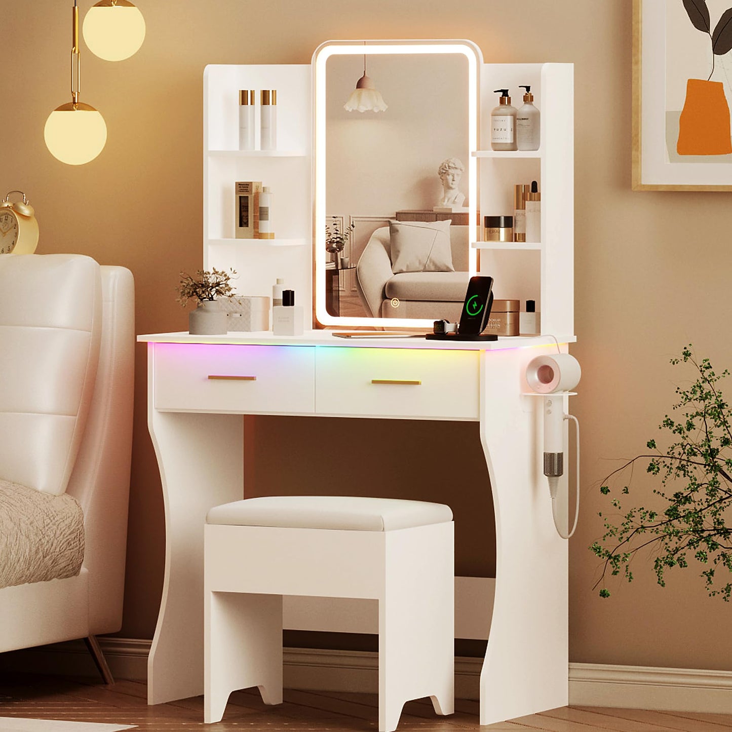 Vanity Desk with LED Lights Mirror & Power Outlet, Small Makeup Vanity Table Set with Storage Drawers & Chair, 3 Lighting Modes & Adjustable Brightness, Dressing Table for Women Girls Bedroom - WoodArtSupply