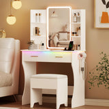 Vanity Desk with LED Lights Mirror & Power Outlet, Small Makeup Vanity Table Set with Storage Drawers & Chair, 3 Lighting Modes & Adjustable Brightness, Dressing Table for Women Girls Bedroom, White Xixini
