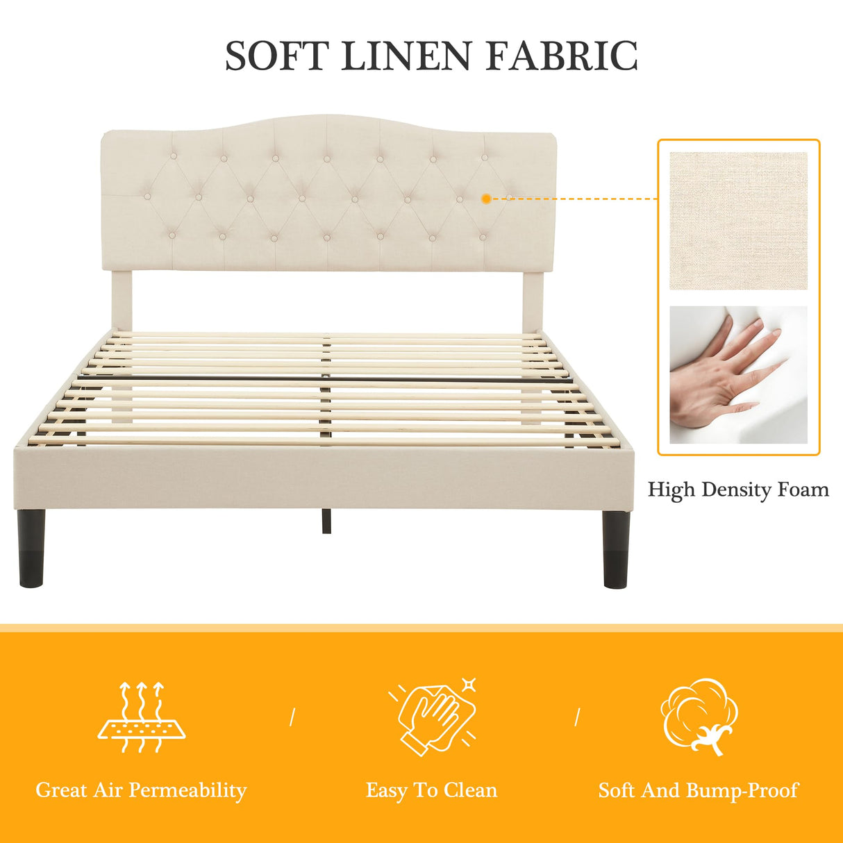 VECELO Queen Size Platform Bed Frame with Fabric Upholstered Headboard and Wooden Slats Support, No Box Spring Needed/Easy Assembly,Beige VECELO