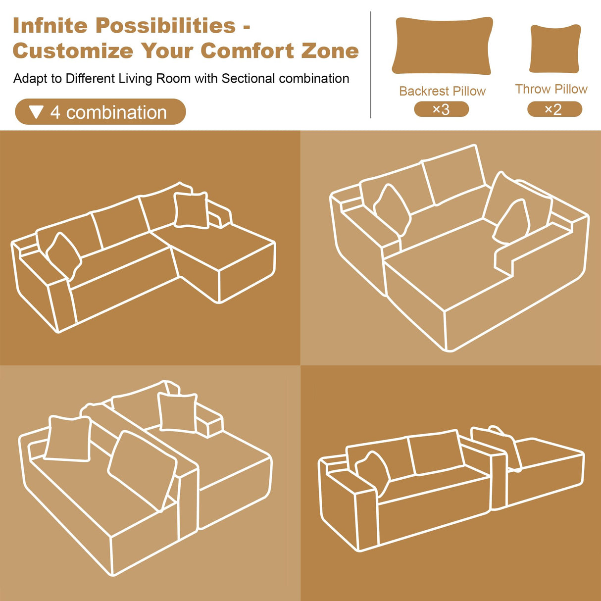 AUGOP 108" Sectional Couches for Living Room Modern Modular Sofa with L-Shape Couchs Upholstered Boneless Couch Deep Seat Sectional Couch with Chaise (Camel, Right Facing Chaise+2Seaters) AUGOP