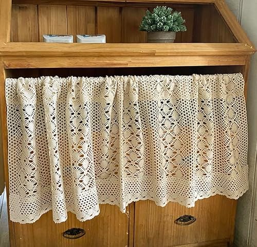 Rustic Boho Curtain Valance for Kitchen Window Farmhouse Handmade Crochet Curtain Tiers for Coffee Decor Room Divider Rod Pocket Hollow Short Lace Curtains for Bathroom Closet 1 Panel W39 X L24 Inch Yunsurey
