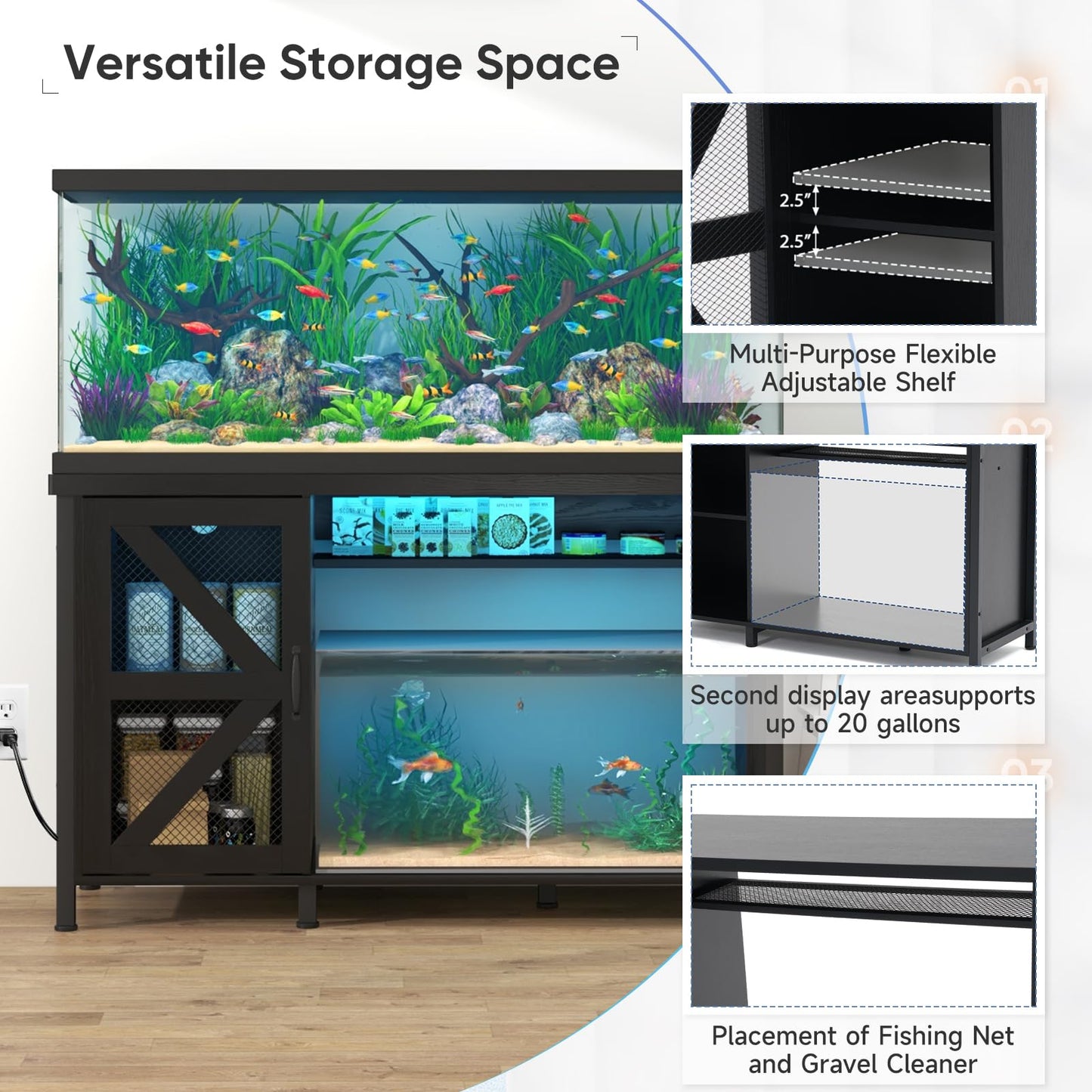 Verano 55-75 Gallon Aquarium Stand with Storage Cabinet, Fish Tank Stand with Power Outlets & LED Light, Wooden Turtle Tank 52 inch x 19.7-inch Desktop, Heavy Duty Metal Frame,1100LBS Capacity (Black)