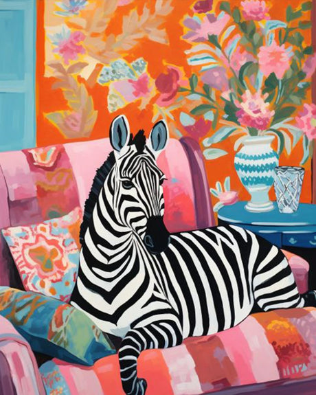 Tucocoo Zebra Sitting on Sofa Paint by Number Colorful Vintage Style DIY Painting on Canvas with Brushes Acrylic Paints Paint by Numbers for Adults and Kids Beginner DIY Kit 16x20 Inch（Without Frame） Tucocoo