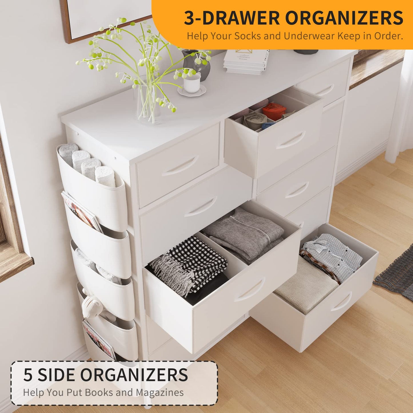 LIVEHOM Dresser for Bedroom with 11 Drawer, Dressers & Chests of Drawers with Side Pockets, Hooks, Fabric Storage Drawer, Steel Frame, Wood Top, Organizer Unit and Pull Handle for Closet. - WoodArtSupply