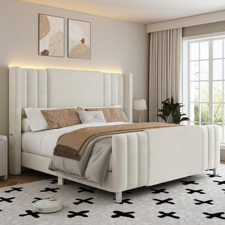 Lihimte Queen Size Bed Frame with Tall Headboard and Footboard, Boucle and Velvet Upholstered Bed Frame Queen with LED Lights, Modern Platform Bed Frames, Noiseless, Easy Assembly, White Lihimte