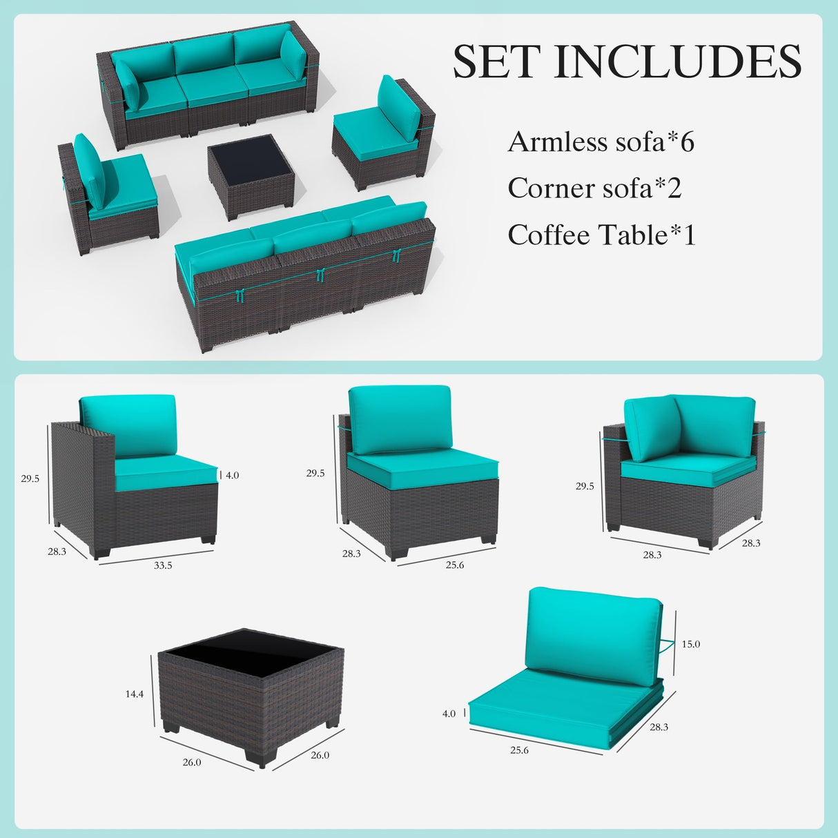 Gotland 9 Pieces Patio Furniture Set with 1 Coffee Table, Wicker Outdoor Sectional with 29.5'' High Backrest Waterproof Cushions, Conversation Sets in 4 Combinations for Deck Garden Pool Blue Gotland