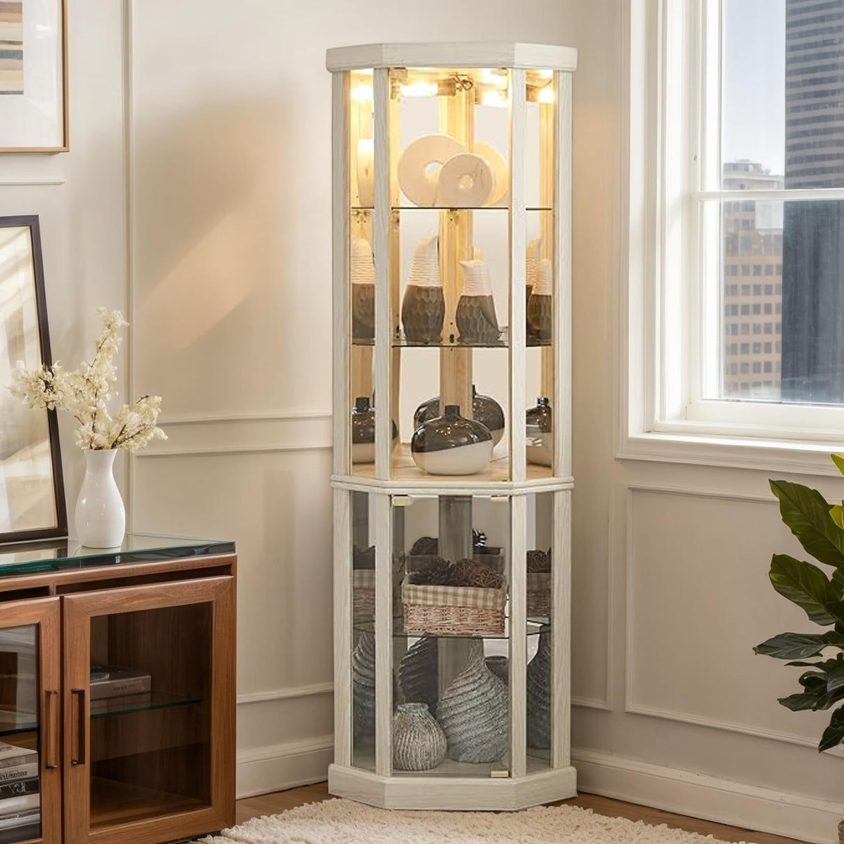 Eyisean 70" H Lighted Corner Curio Cabinet, Curio Display Cabinet with Tempered Glass Door and 5 Shelves, Light Bulb Included, Rack for Living Room (White) Eyisean