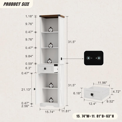 White Narrow Farmhouse Bookshelf with LED Lights, Storage Drawer, and Versatile Shelves