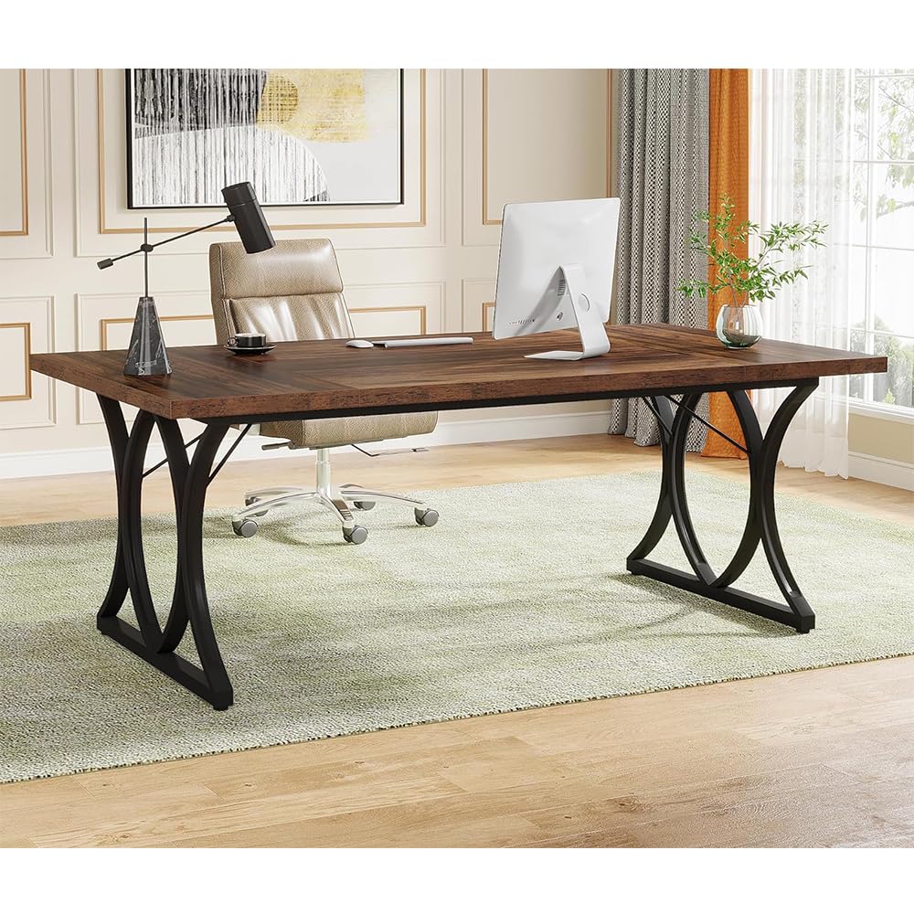 Tribesigns 63 L x31W x 30 H Executive Desk, Farmhouse Wood Computer Desk, Large Home Offcie Table with Black Metal Frame, Long Table (black&rustic) - WoodArtSupply