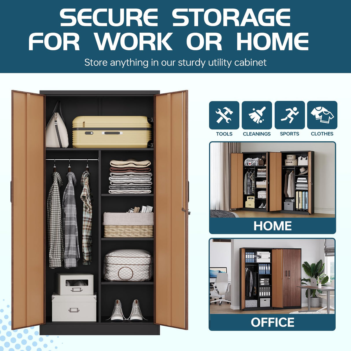 MIIIKO Metal Wardrobe Cabinet with Locking Doors, Metal Storage Armoire Closet for Clothing, 2 Door Woodgrain Locker Cabinet with Adjustable Shelves for Bedroom, Locker Room, Home Office and Garage… MIIIKO