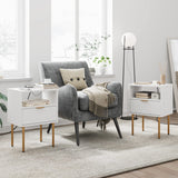 Masupu Nightstand with Charging Station,Mid-Century Modern Bedside Table with Storage Drawer and Open Wood Shelf,Small Gold Frame Side Table for Bedroom,Living Room (White) Masupu