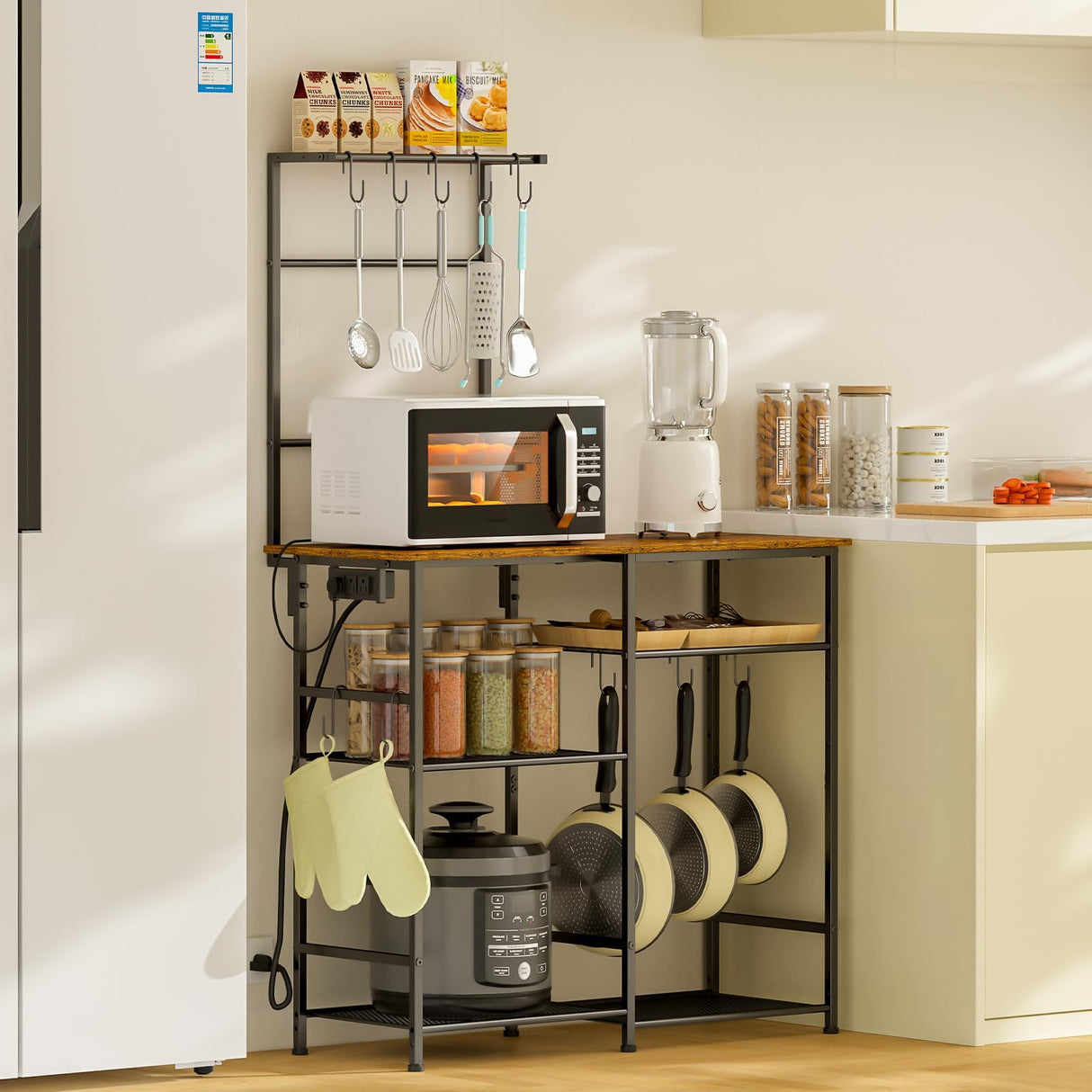 3IngSeagulls Bakers Rack with Power Outlet, Kitchen Microwave Stand with 10 S-Shaped Hooks, 6-Tier Coffee Bar Station, Kitchen Storage Shelf Rack for Spices, Pots, Rustic Brown 3IngSeagulls