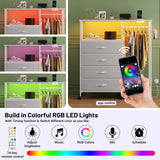 Seeday Fabric Dresser with Clothes Rack, 4 Drawers Dresser for Bedroom with Charging Station and LED Lights, Chest of Drawers with Wheels, Steel Frame, Wood Top, for Bedroom, Closet, White Seeday