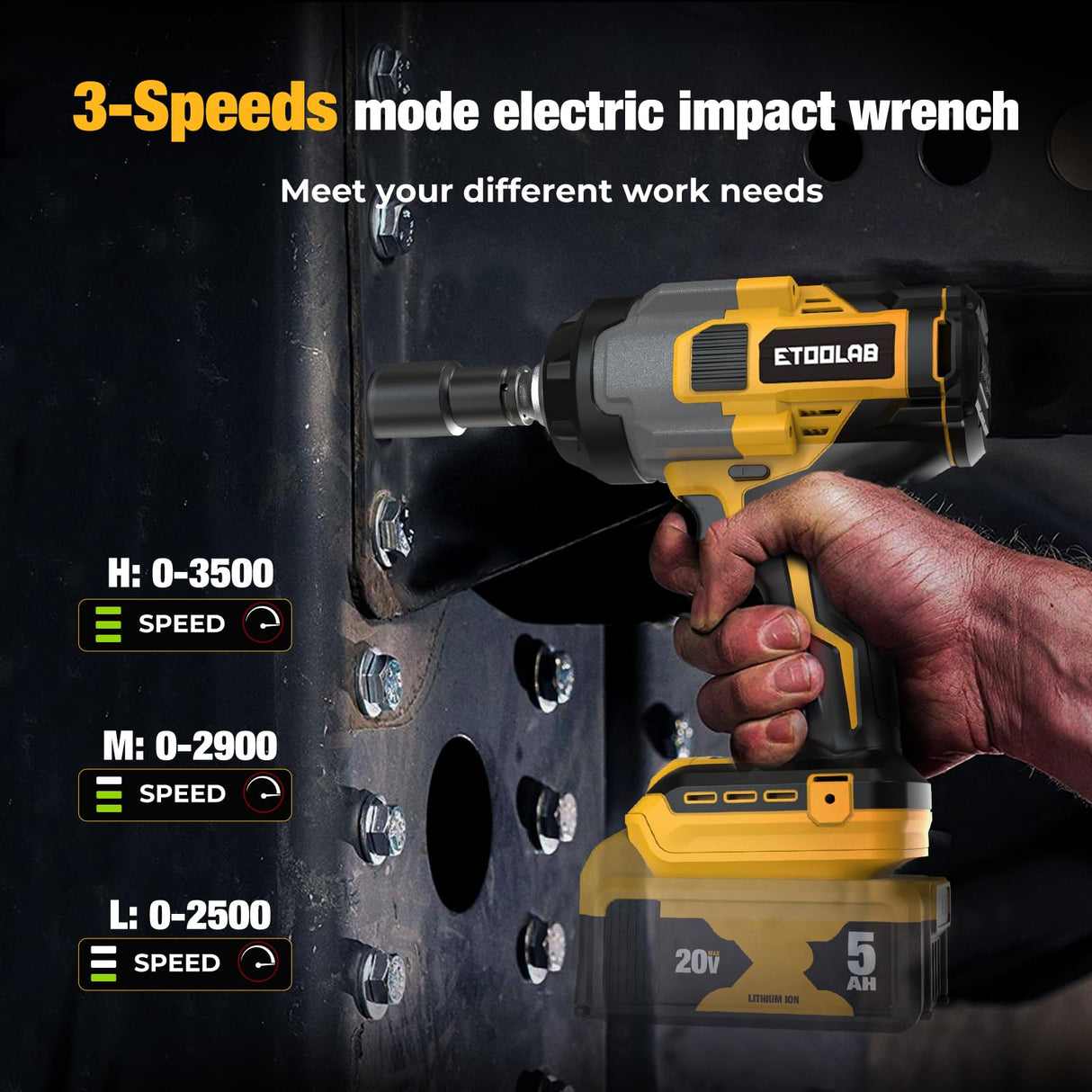 Impact Wrench 1/2 inch for DeWalt 20v Battery, Impact Wrench 750Ft-lbs(1000N.m) High Torque Brushless Electric Impact Gun, Power Impact Driver with 3-Mode Speed, LED Work Light(no battery) (Yellow) etoolab