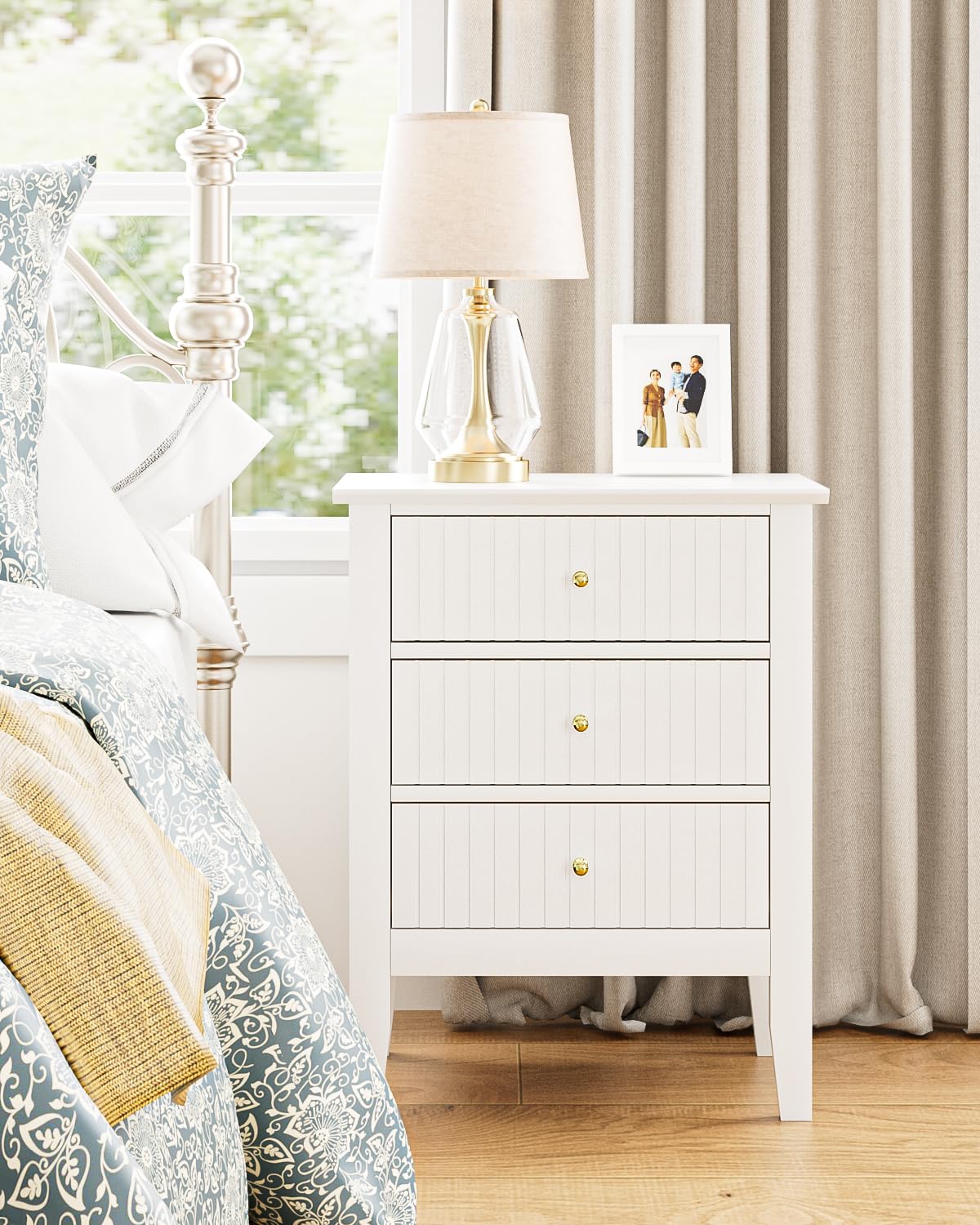 Apetaccat Fluted Nightstand, Farmhouse Night Stand with 3 Drawers, Mid Century Modern Side Accent Table,Bedside End Table for Bedroom, Living Room, White Apetaccat