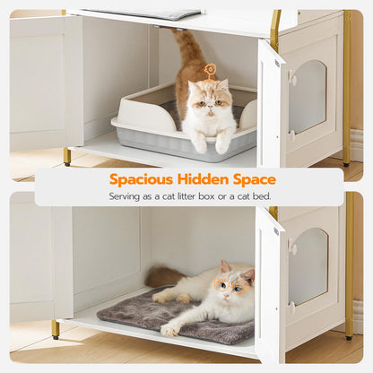 HOOBRO Litter Box Enclosure with 2 Storage Shelves, Tall Cat Litter Box Furniture Hidden with Charging Station, Indoor Cat Furniture with Cat House and Plush Mat, White and Gold DW70UMW01 - WoodArtSupply