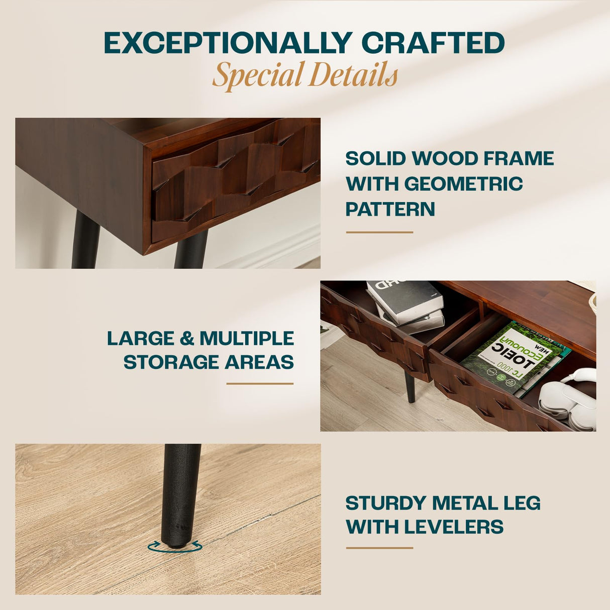 Bme Console Modern Mid-Century 2 Drawers, Unique Geometric Design Sofa Table for Entryway, Hallway, Living Room, Walnut Bme