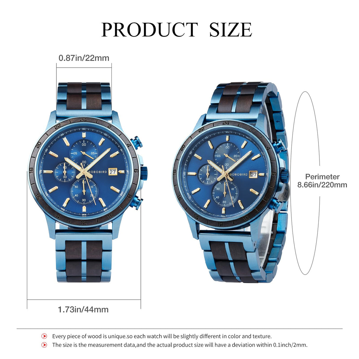 BOBO BIRD Men's Wooden Watch with Stainless Steel Wood Strap, Japanese Quartz Movement, Multi-Functional Chronograph Watch for Business and Daily Wear (Bule) BOBO BIRD