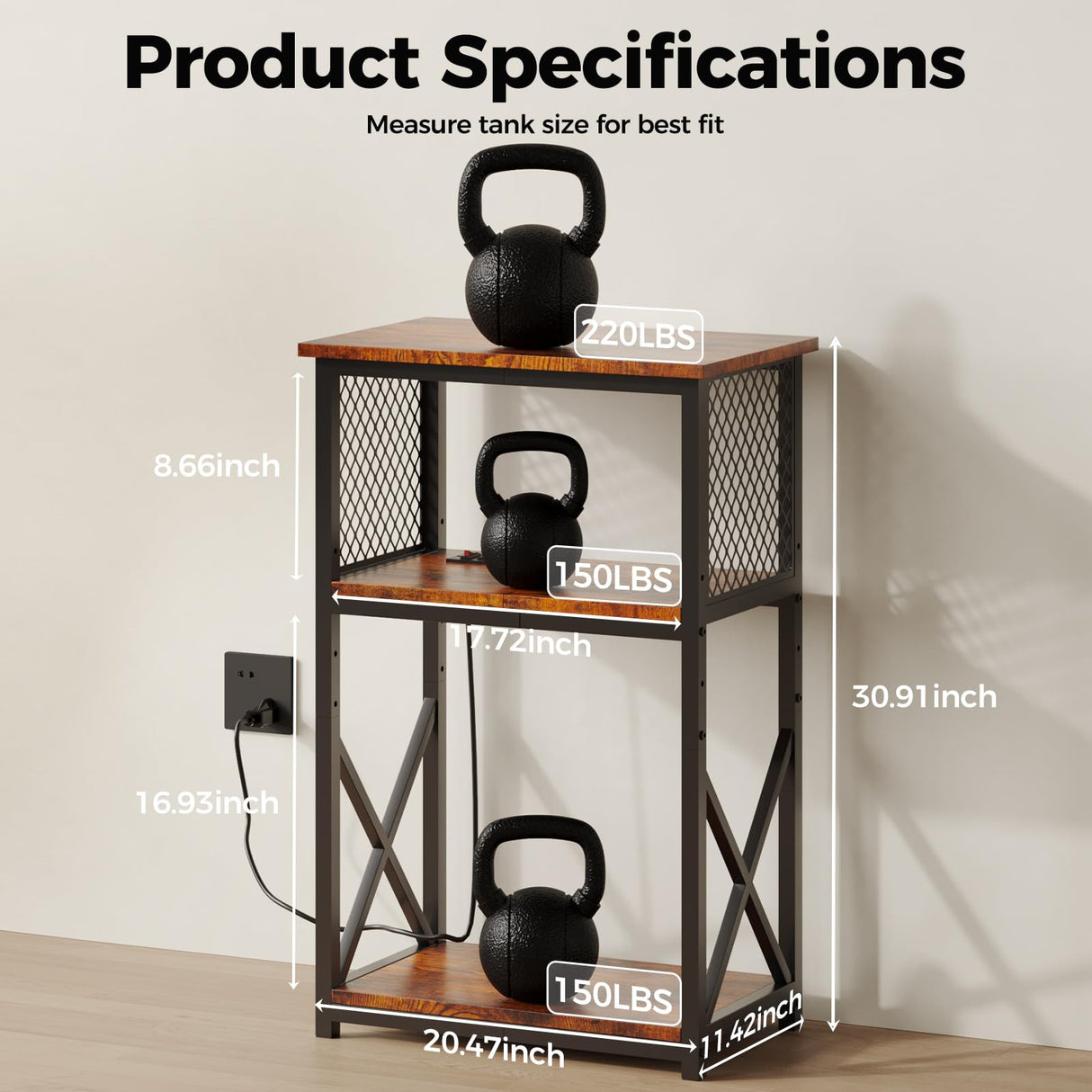 HavenlyYouth 10 Gallon Fish Tank Stand with Power Outlet , 3 Tier Aquarium Stand with Shelf, Turtle/Reptile Tank Stand for Home Office ,Adjustable Boards, 20.47''L×11.42''W×30.91''H, Retro Brown HavenlyYouth