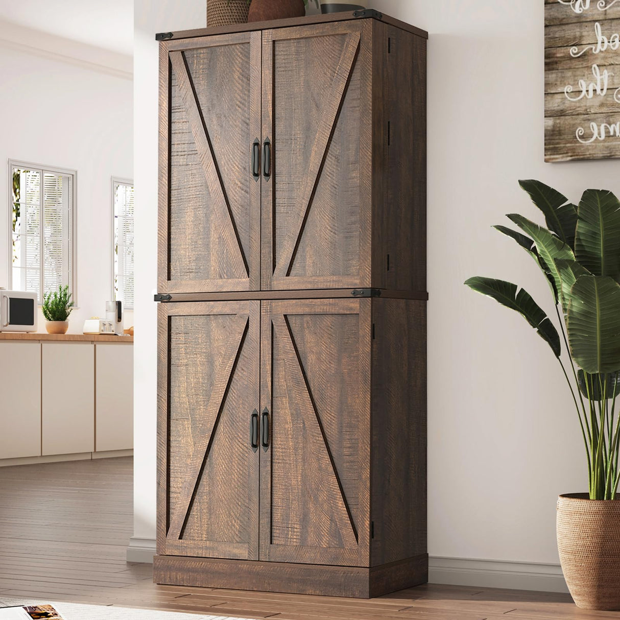 Hlivelood Farmhouse Kitchen Pantry Cabinet with 3 Drawers,71" Tall Rustic Wood Storage Cabinet with 6 Door Shelves,with Load-Bearing Steel Pipe,Pantry Organizers for Kitchen,Dining Room(Brown) Hlivelood