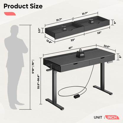 Bestier LED Electric Standing Gaming Desk with Double Drawers,47x23 Inch Standing Desk Adjustable Height with Cup Holder＆Hook,Ergonomic Rising Desk for Home Office,Black Carbon Fiber