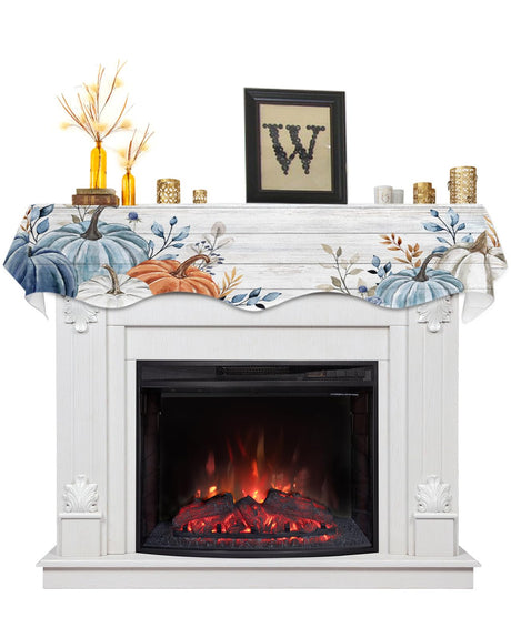EwdeWwo Fall Mantel Scarf for Fireplace, Blue Leaf Pumpkin Wood Grain Texture Fireplace Cover Decorations Indoor Thanksgiving Mantel Top Scarf Runner for Seasonal Autumn Holiday Party, 17 x 60 Inch EwdeWwo