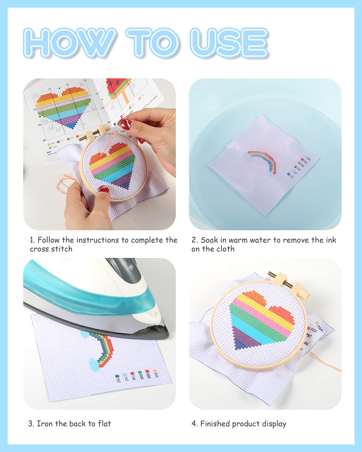 Pllieay Cross Stitch Beginner Kit for Kids 7-13, Includes 6pcs Project Cross Stitch Pattern and 2pcs Hoops, 12 Skeins, Needle Point Starter Kit Sewing Set with Instructions for Christmas Gift Pllieay